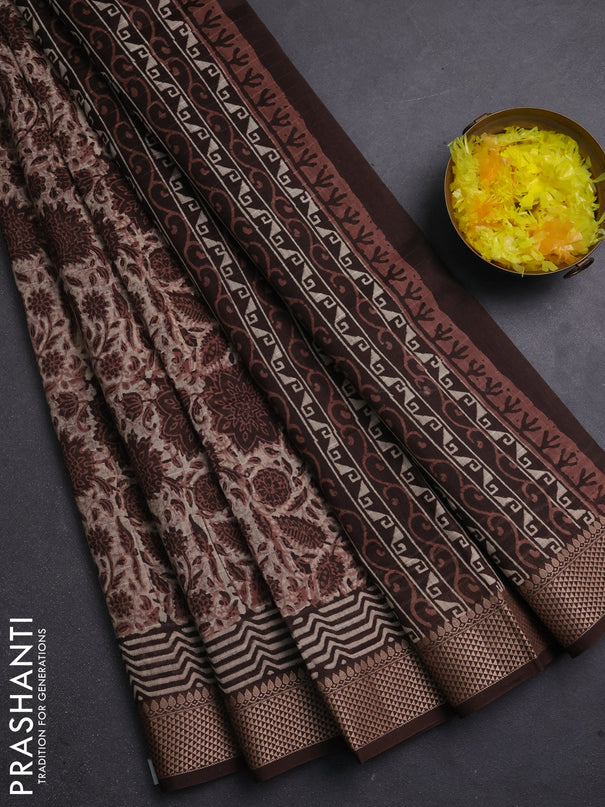 Maheshwari silk cotton saree coffee brown with allover kalamkari block prints and thread woven border
