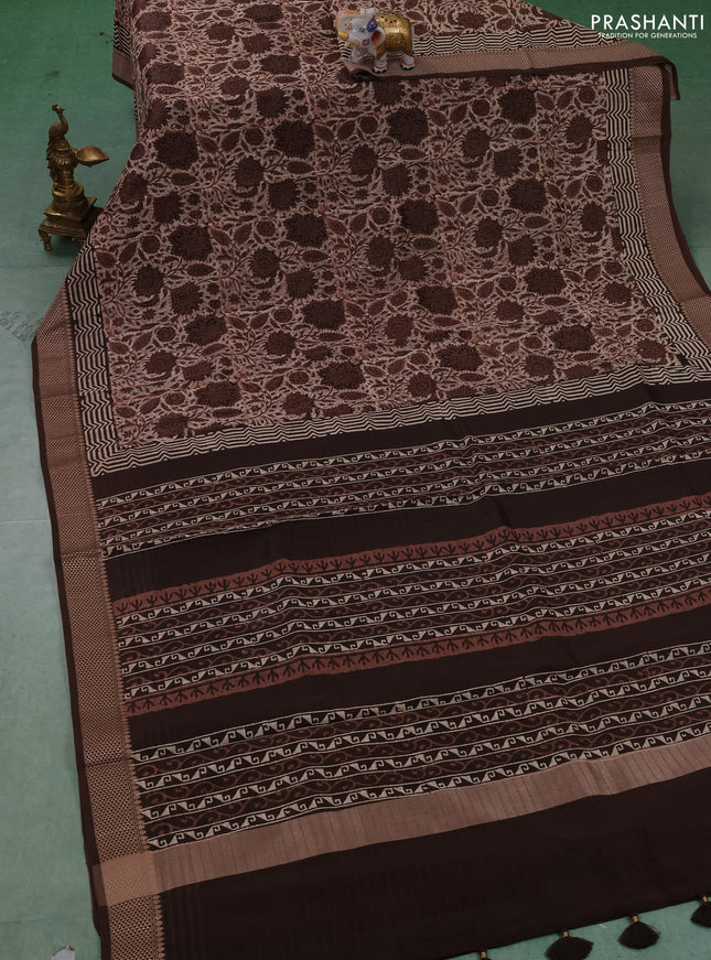 Maheshwari silk cotton saree coffee brown with allover kalamkari block prints and thread woven border
