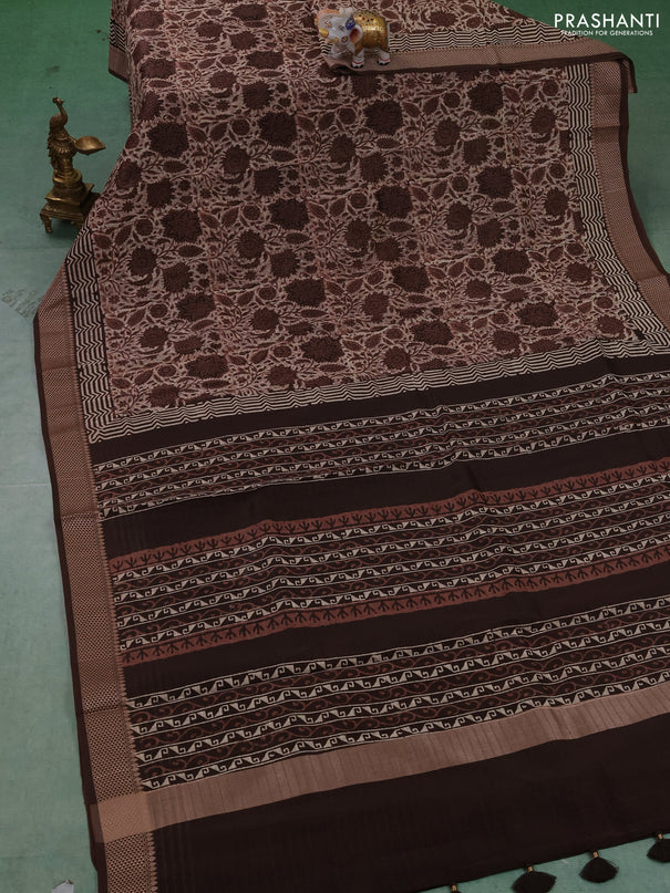 Maheshwari silk cotton saree coffee brown with allover kalamkari block prints and thread woven border