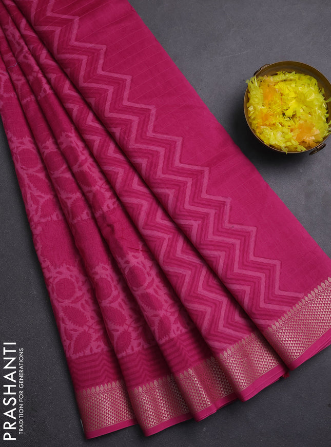 Maheshwari silk cotton saree pink with allover kalamkari block prints and thread woven border