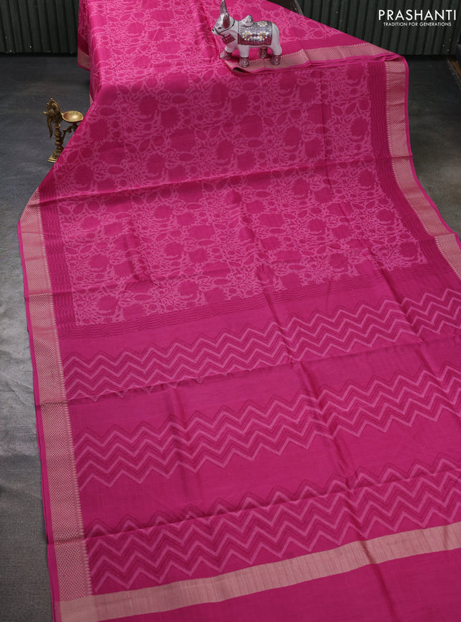 Maheshwari silk cotton saree pink with allover kalamkari block prints and thread woven border