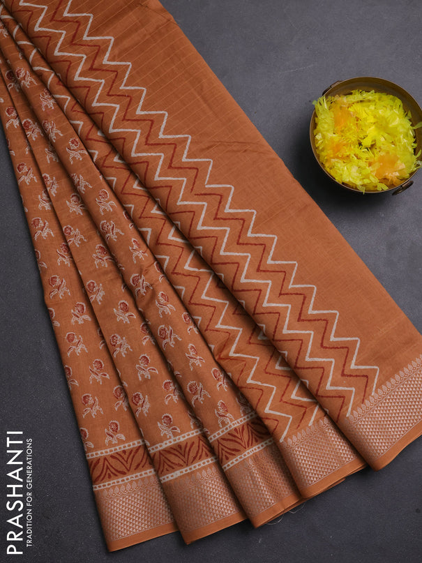 Maheshwari silk cotton saree dark peach with allover butta block prints and thread woven border