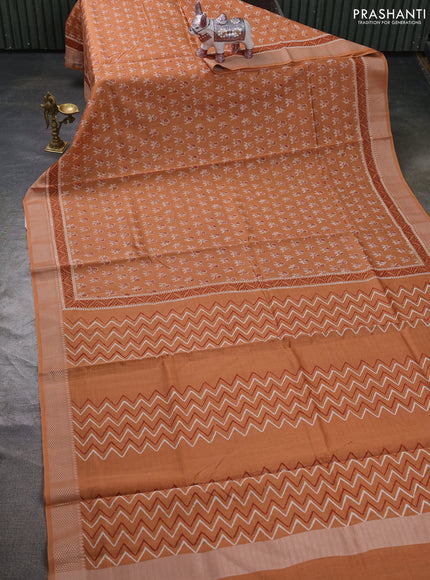 Maheshwari silk cotton saree dark peach with allover butta block prints and thread woven border