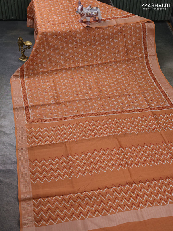 Maheshwari silk cotton saree dark peach with allover butta block prints and thread woven border