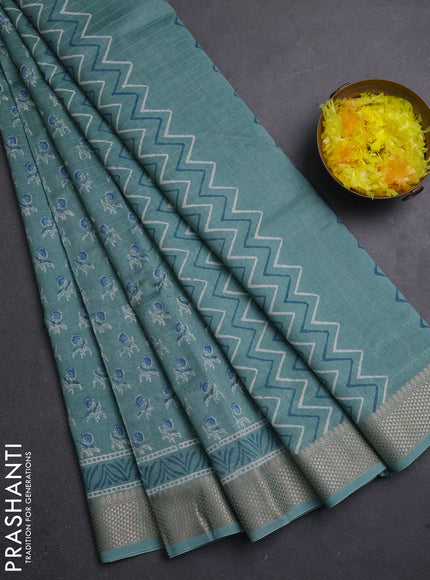 Maheshwari silk cotton saree pastel green with allover butta block prints and thread woven border