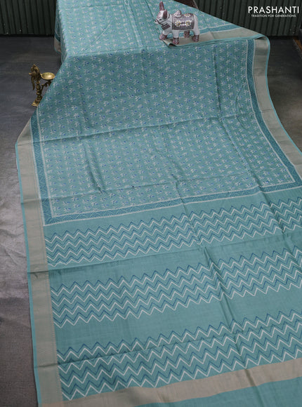 Maheshwari silk cotton saree pastel green with allover butta block prints and thread woven border