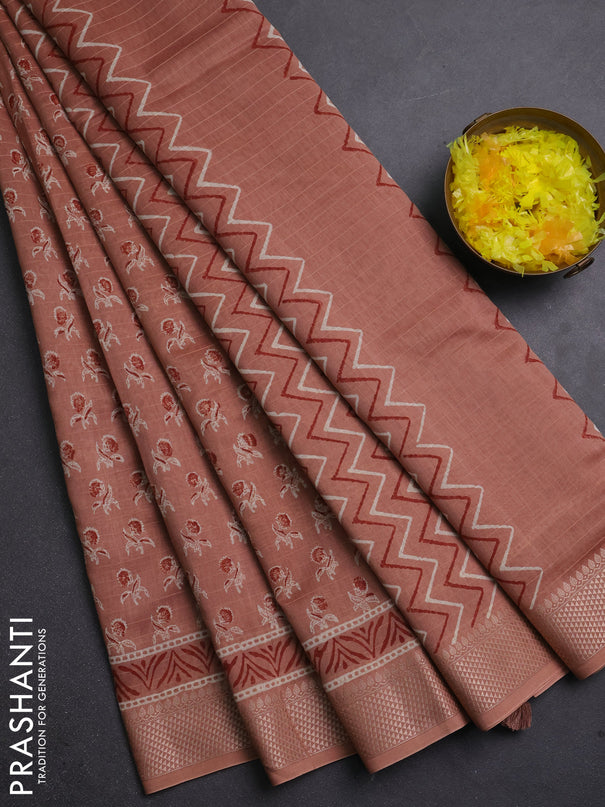 Maheshwari silk cotton saree pastel peach with allover butta block prints and thread woven border