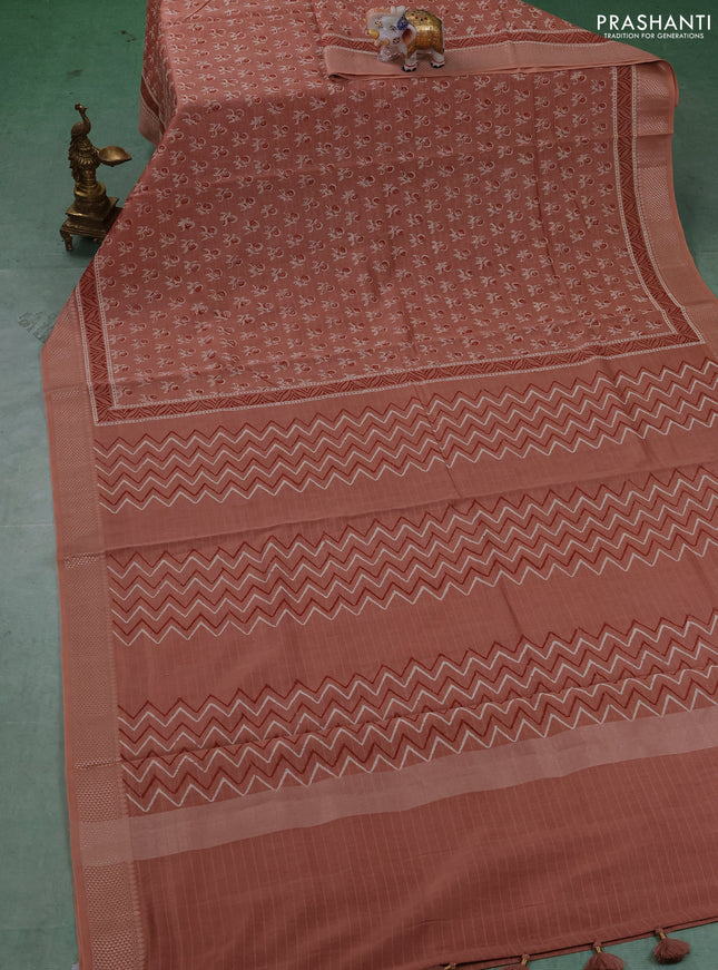 Maheshwari silk cotton saree pastel peach with allover butta block prints and thread woven border