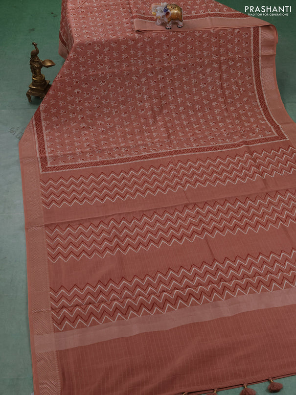 Maheshwari silk cotton saree pastel peach with allover butta block prints and thread woven border