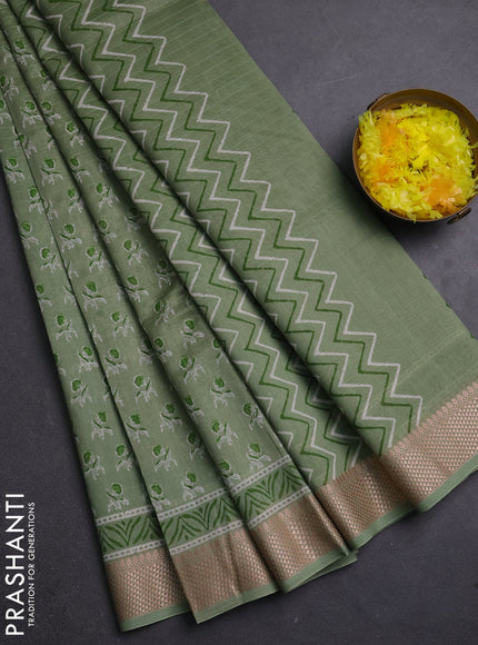 Maheshwari silk cotton saree pastel green with allover butta block prints and thread woven border