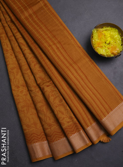 Maheshwari silk cotton saree dark mustard with allover block prints and thread woven border
