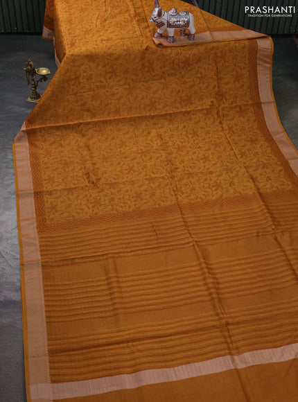 Maheshwari silk cotton saree dark mustard with allover block prints and thread woven border