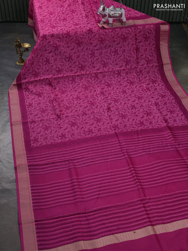 Maheshwari silk cotton saree light pink and pink with allover block prints and thread woven border