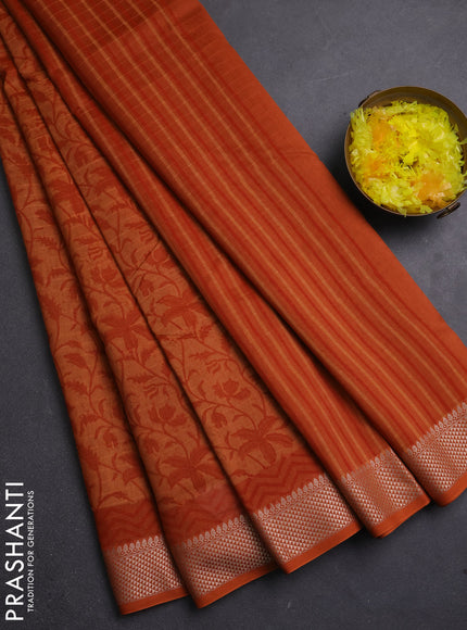 Maheshwari silk cotton saree rust shade with allover block prints and thread woven border