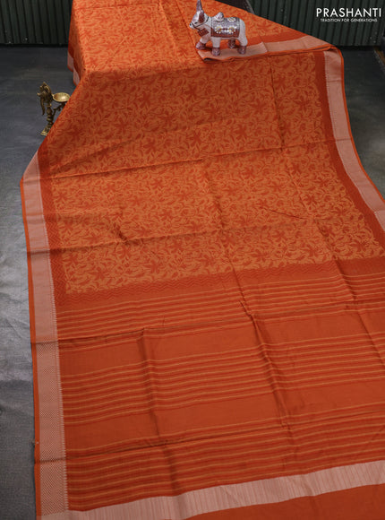 Maheshwari silk cotton saree rust shade with allover block prints and thread woven border