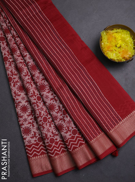 Maheshwari silk cotton saree off white and red with allover block prints and thread woven border