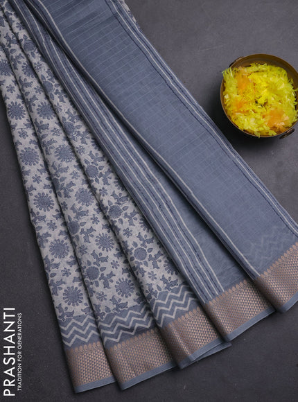 Maheshwari silk cotton saree off white and grey with allover block prints and thread woven border