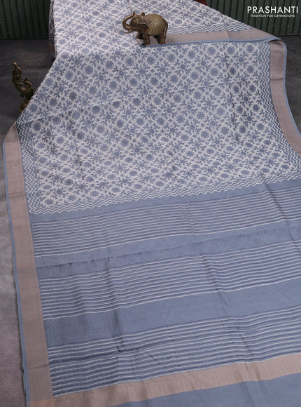 Maheshwari silk cotton saree off white and grey with allover block prints and thread woven border