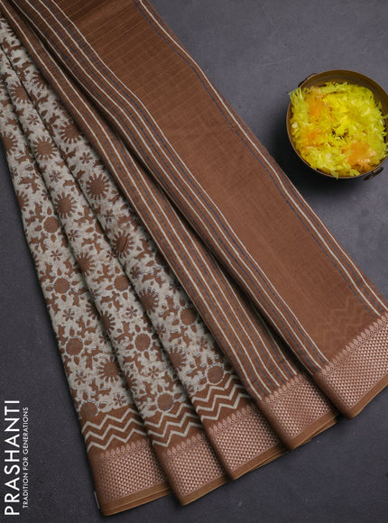 Maheshwari silk cotton saree cream and dark mustard with allover block prints and thread woven border