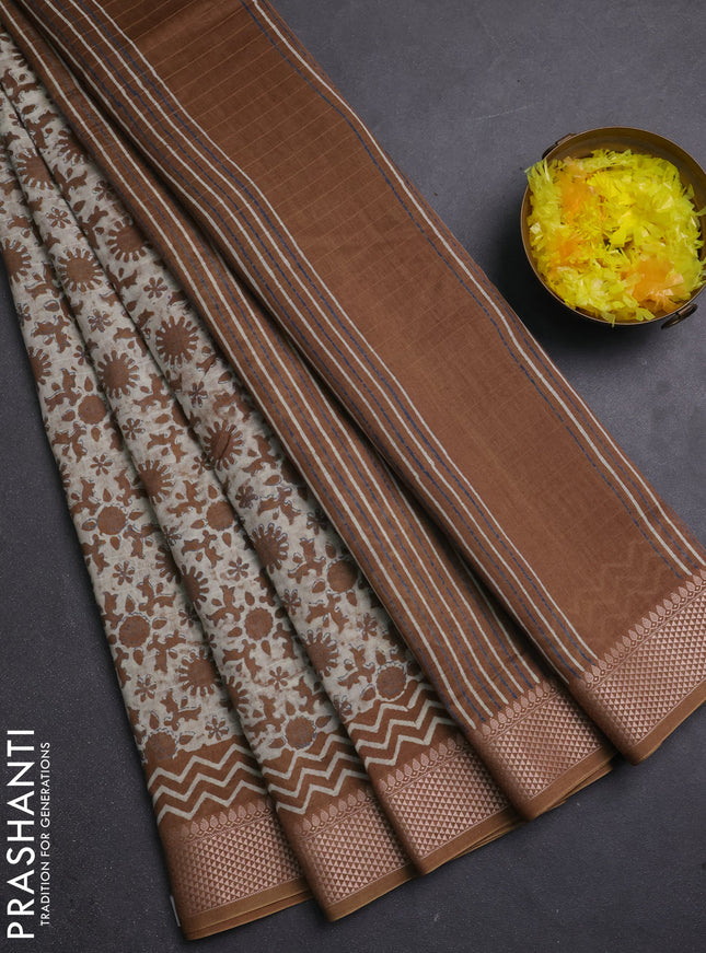 Maheshwari silk cotton saree cream and dark mustard with allover block prints and thread woven border