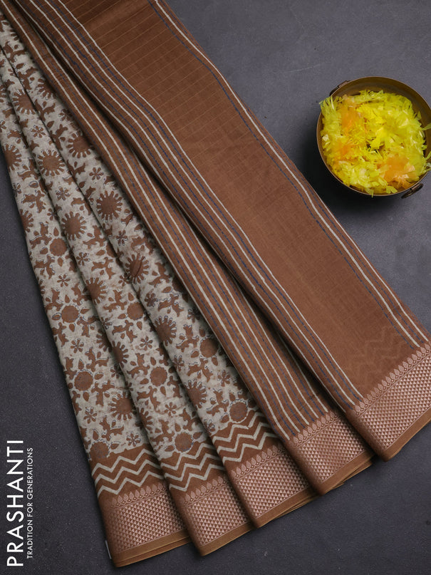 Maheshwari silk cotton saree cream and dark mustard with allover block prints and thread woven border