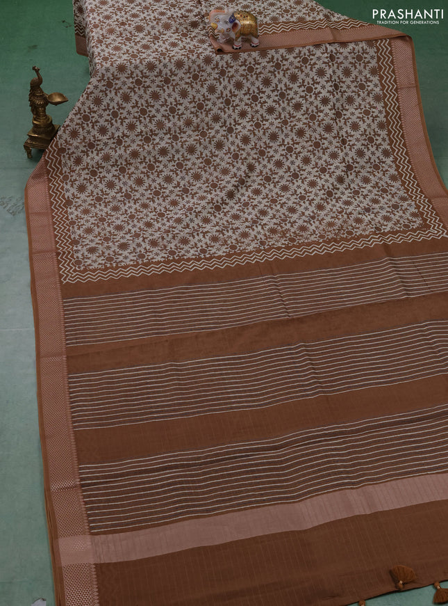 Maheshwari silk cotton saree cream and dark mustard with allover block prints and thread woven border