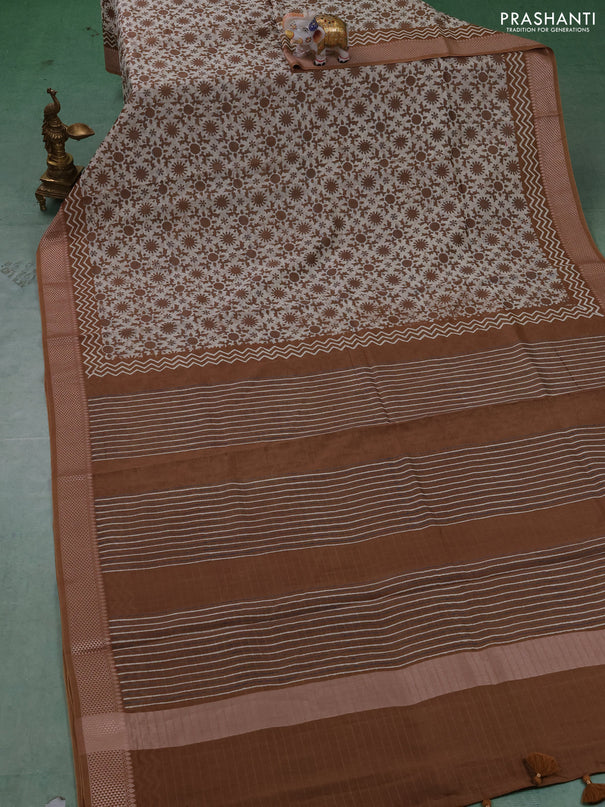 Maheshwari silk cotton saree cream and dark mustard with allover block prints and thread woven border
