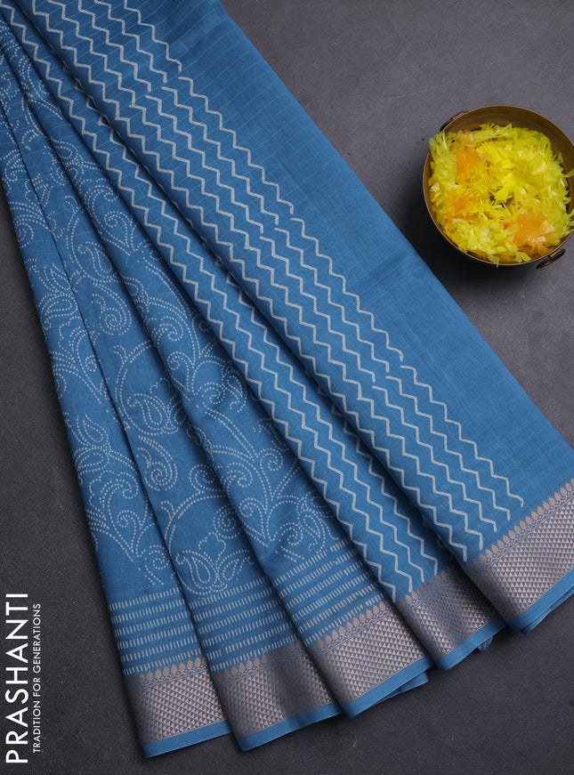 Maheshwari silk cotton saree cs blue with allove block prints and thread woven border
