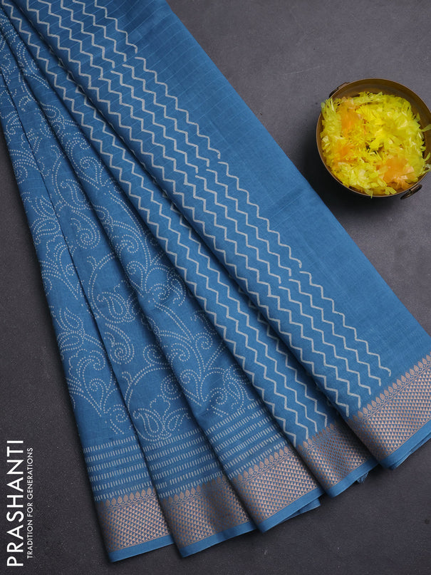 Maheshwari silk cotton saree cs blue with allove block prints and thread woven border