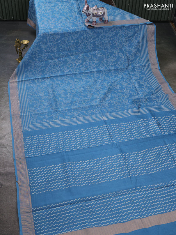 Maheshwari silk cotton saree cs blue with allove block prints and thread woven border