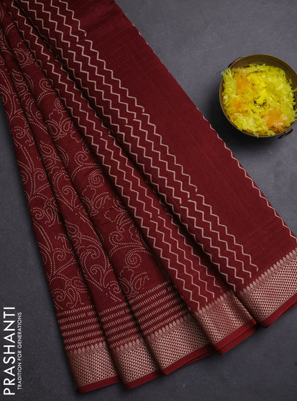 Maheshwari silk cotton saree rust shade with allove block prints and thread woven border