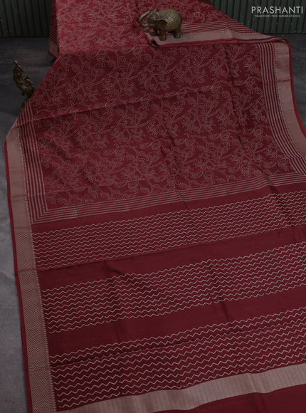 Maheshwari silk cotton saree rust shade with allove block prints and thread woven border