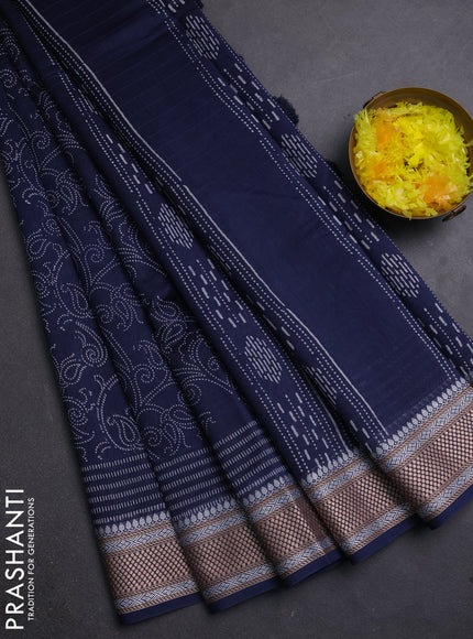 Maheshwari silk cotton saree navy blue with allove block prints and thread woven border