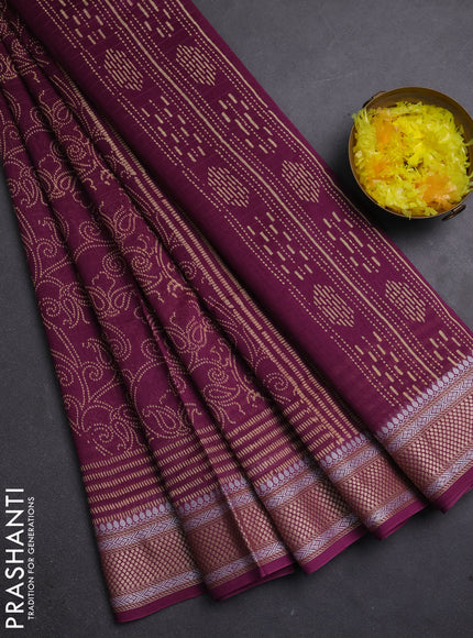 Maheshwari silk cotton saree wine shade with allove block prints and thread woven border