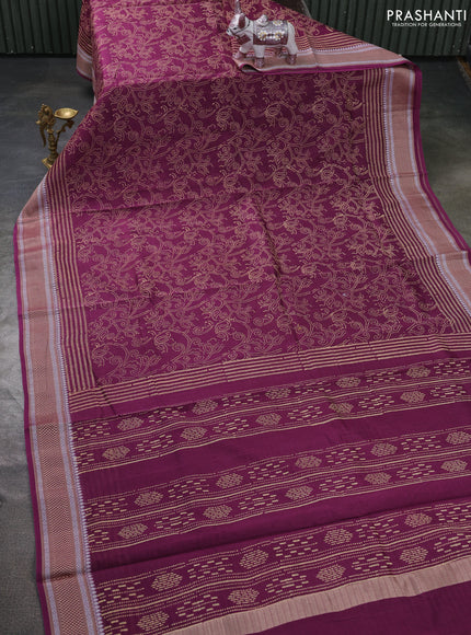 Maheshwari silk cotton saree wine shade with allove block prints and thread woven border