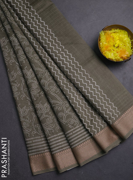 Maheshwari silk cotton saree military green with allove block prints and thread woven border