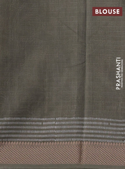 Maheshwari silk cotton saree military green with allove block prints and thread woven border