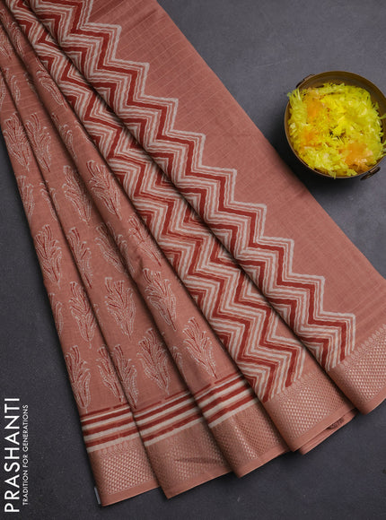 Maheshwari silk cotton saree pastel peach with allover butta block prints and thread woven border