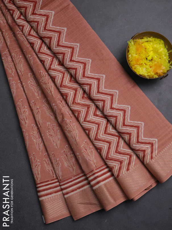 Maheshwari silk cotton saree pastel peach with allover butta block prints and thread woven border