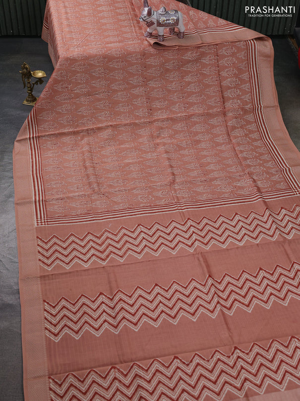 Maheshwari silk cotton saree pastel peach with allover butta block prints and thread woven border