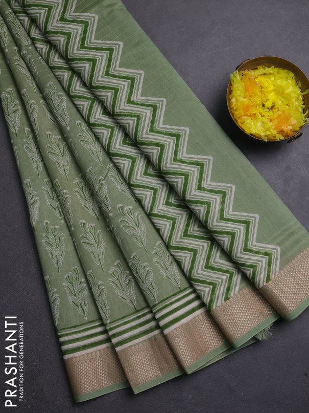 Maheshwari silk cotton saree pastel green with allover butta block prints and thread woven border