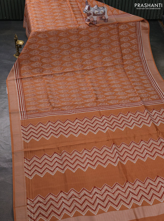 Maheshwari silk cotton saree rust shade with allover butta block prints and thread woven border