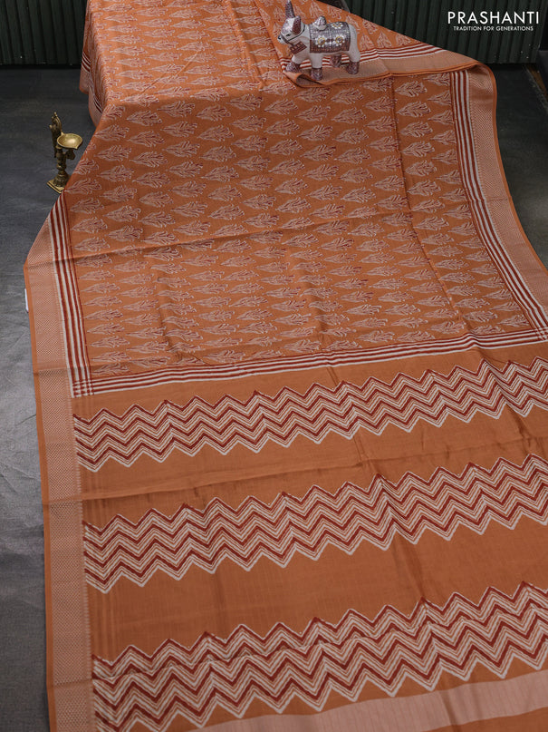 Maheshwari silk cotton saree rust shade with allover butta block prints and thread woven border