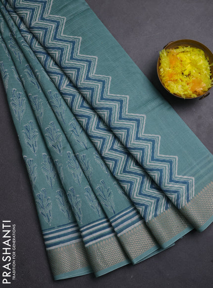 Maheshwari silk cotton saree pastel blue with allover butta block prints and thread woven border