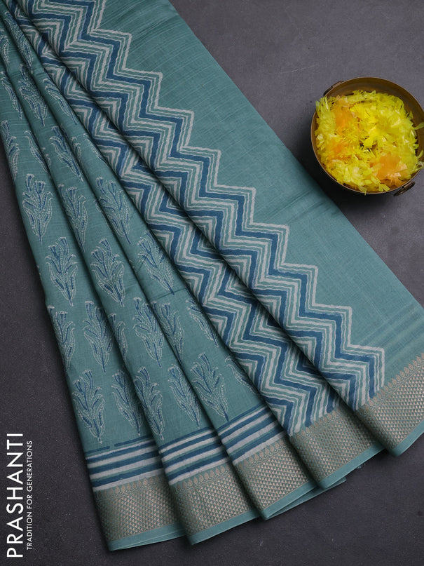 Maheshwari silk cotton saree pastel blue with allover butta block prints and thread woven border