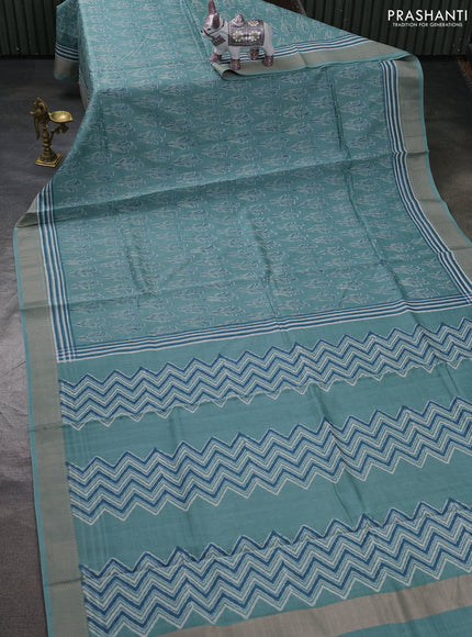 Maheshwari silk cotton saree pastel blue with allover butta block prints and thread woven border