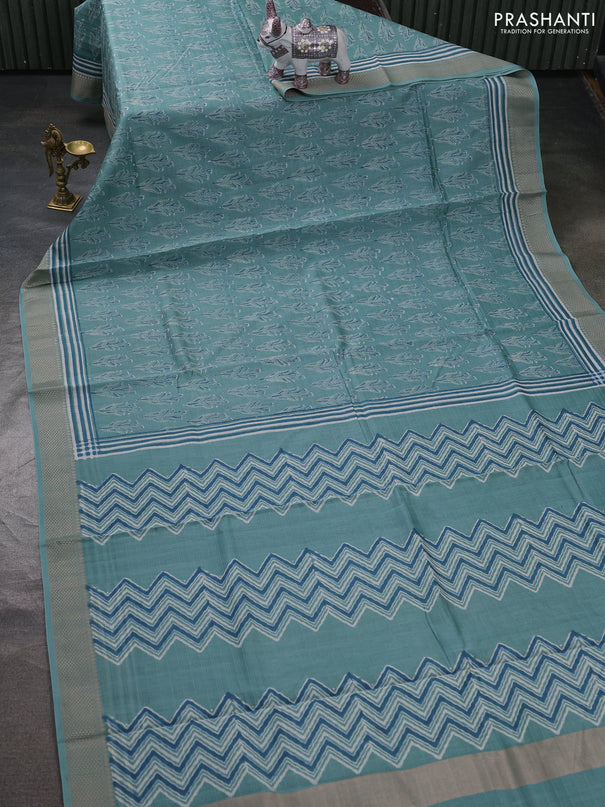 Maheshwari silk cotton saree pastel blue with allover butta block prints and thread woven border