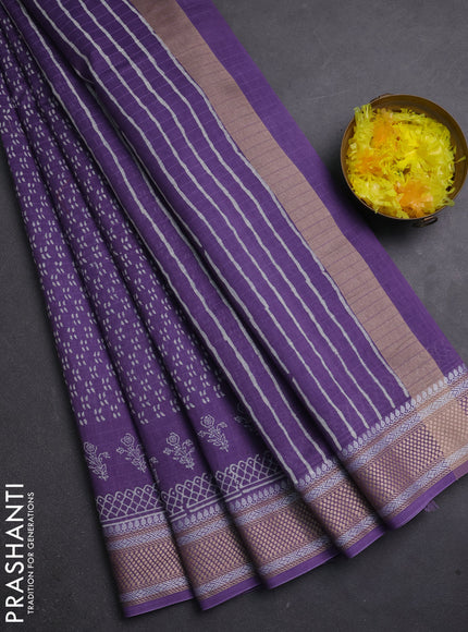 Maheshwari silk cotton saree lavender with allover block prints and thread woven border