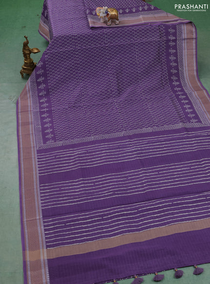 Maheshwari silk cotton saree lavender with allover block prints and thread woven border