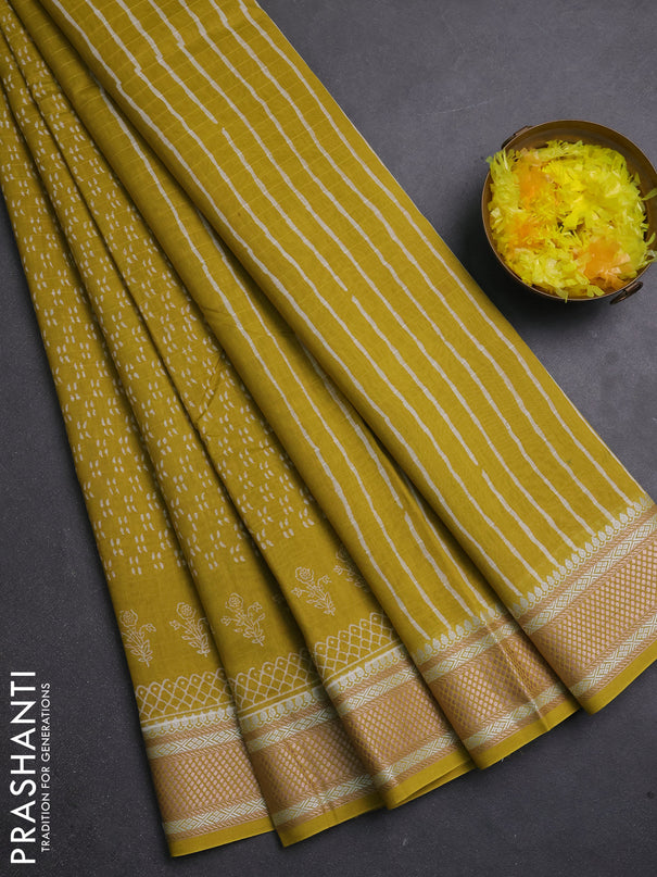 Maheshwari silk cotton saree dark mustard with allover block prints and thread woven border